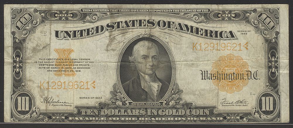 Fr.1171, 1922 $10 Gold Certificate, K12919621, VF [20]